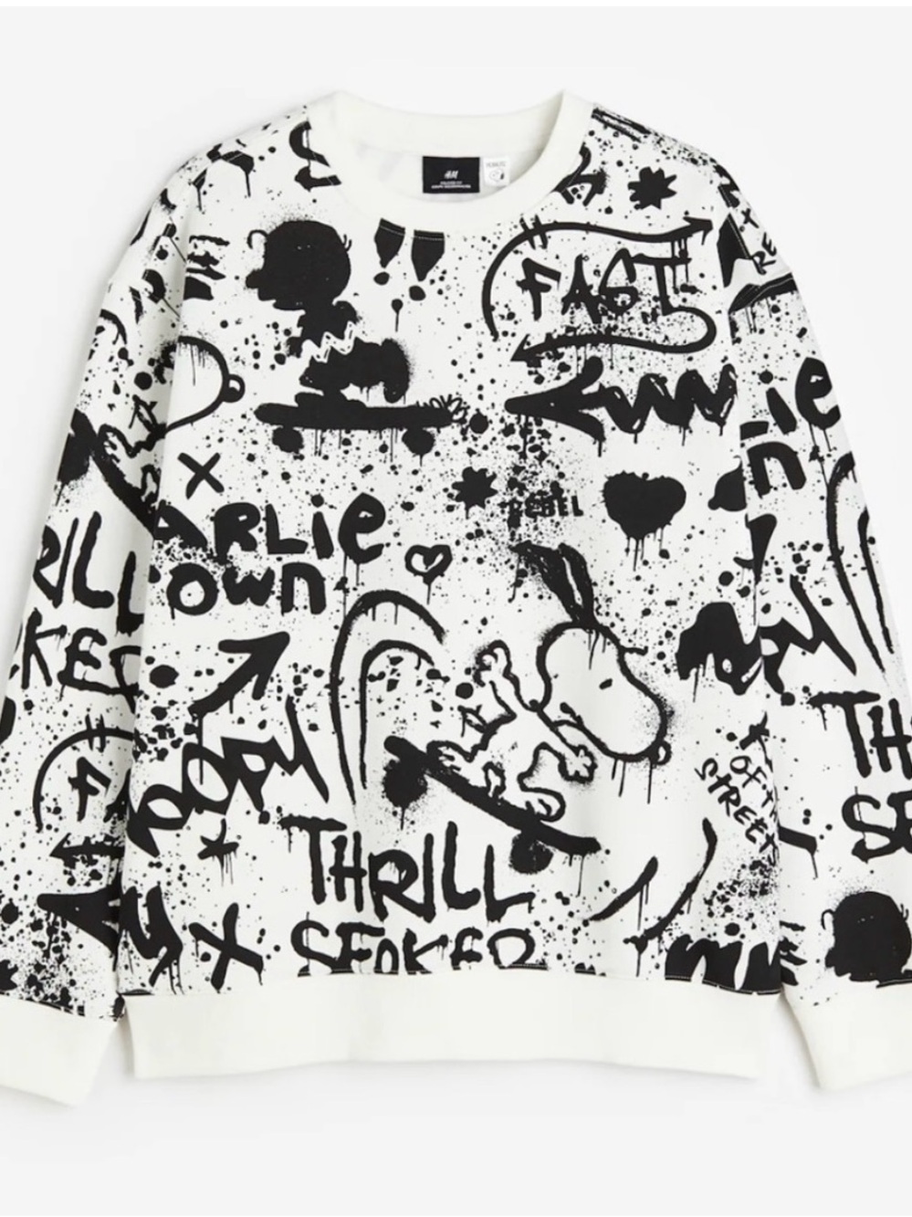 H&M White Crewneck Sweater with Black Graffiti Print